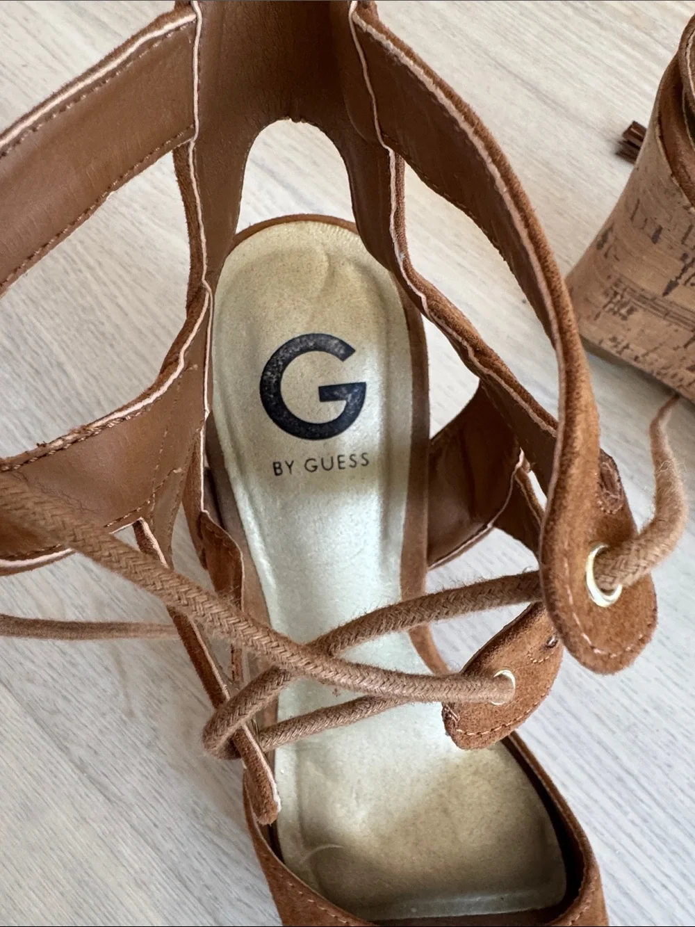 G by Guess Tan Suede Lace-Up Wedge Sandals